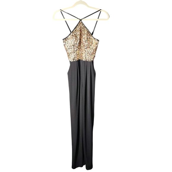 NWT Sequin Hearts Sz 3 Gold Black Event Jumpsuit Pockets Formal Wedding Guest - Picture 1 of 9